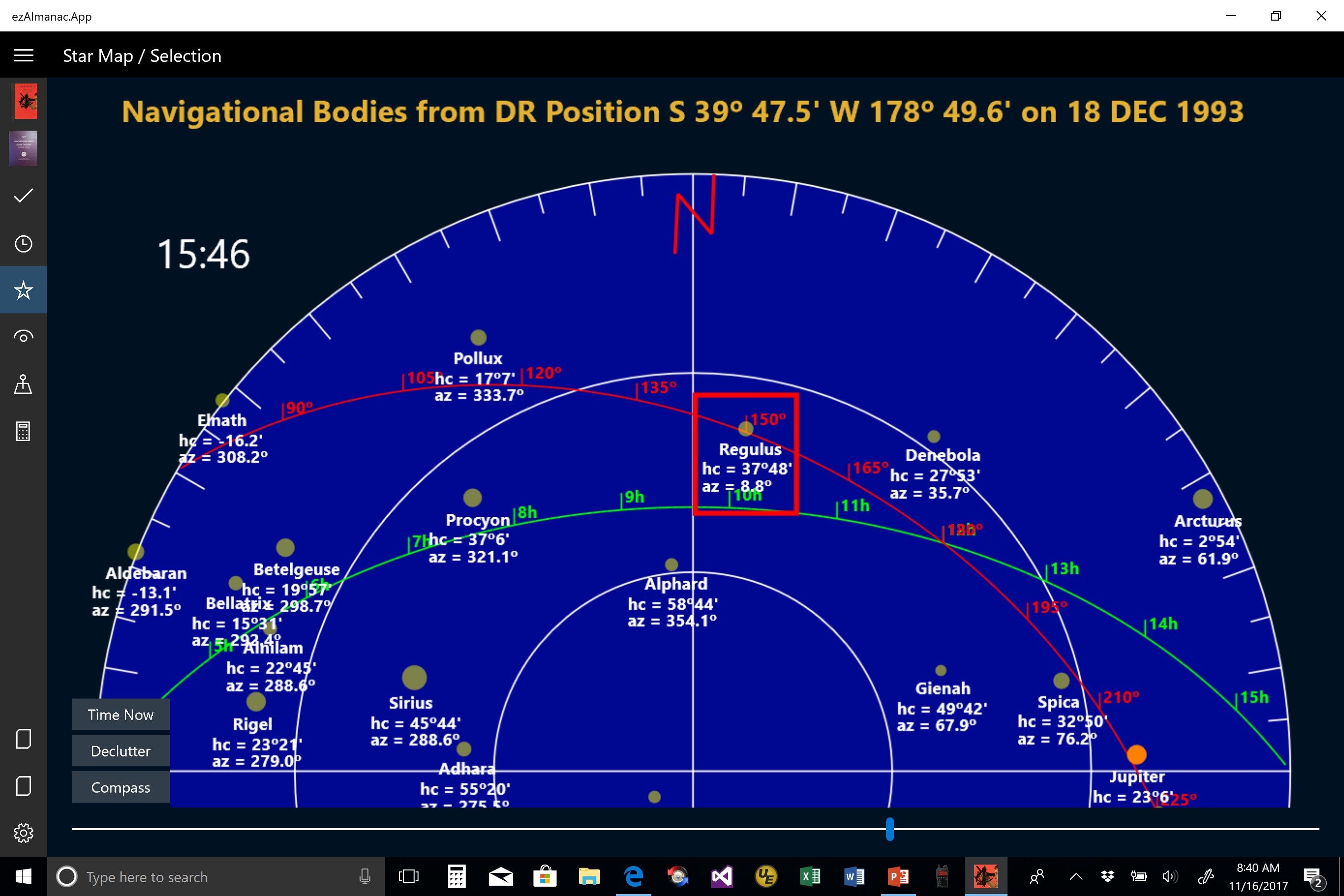 Star Map View Showing Internally Calculated Hc and Az Values for Each Object