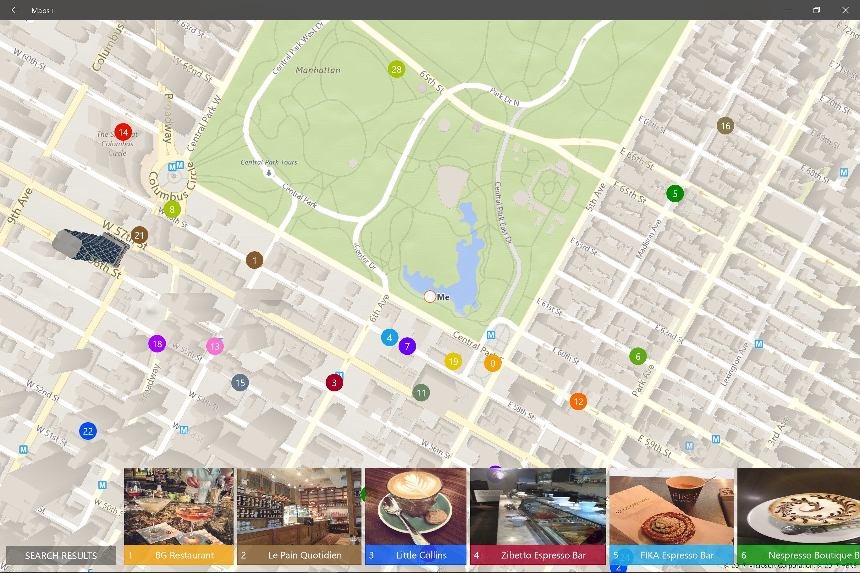Full screen map view of search results from Foursquare
