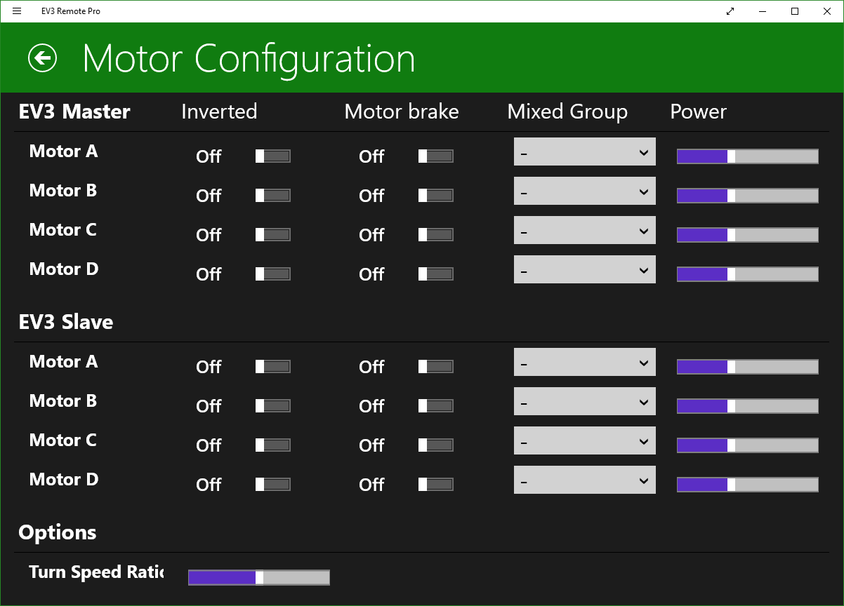 configure motor layout depending on your mindstorm project. Group motors for synced run and mixed steering modes. Use two EV3 bricks in 'Daisy Cain Mode'.