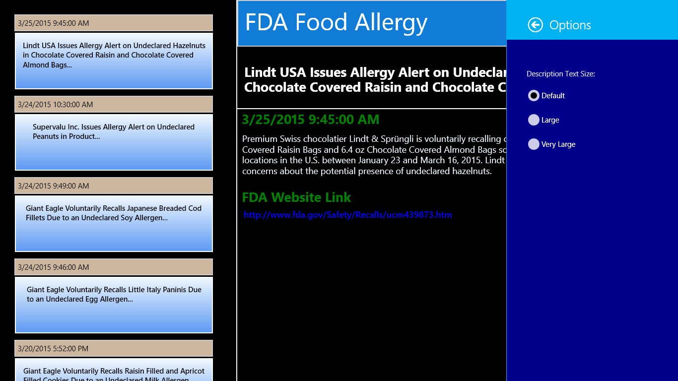 You can adjust the FDA Feed description text size by selecting default, large, or very large.