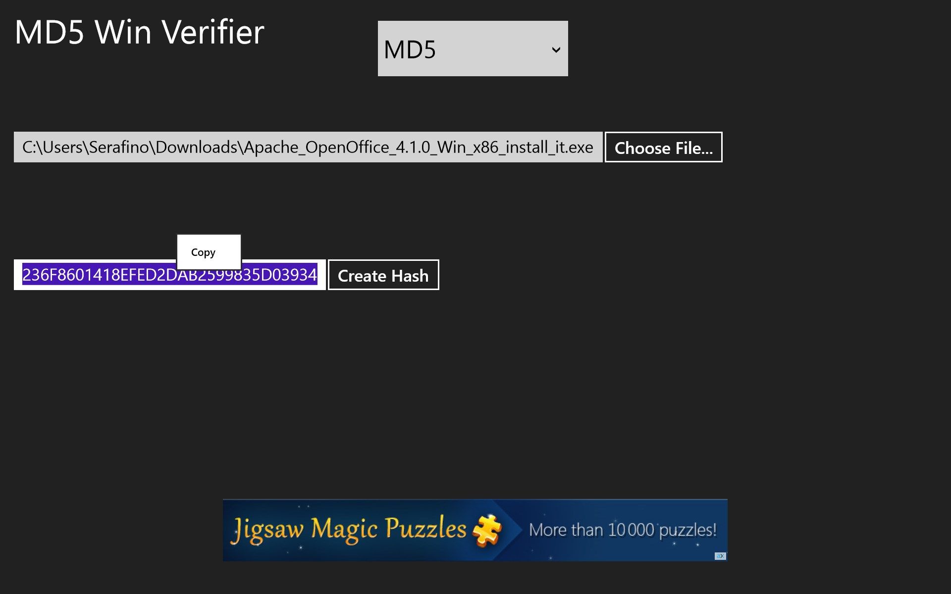 Create Hash Screen. Hash has been created (MD5/SHA256) and users can copy it