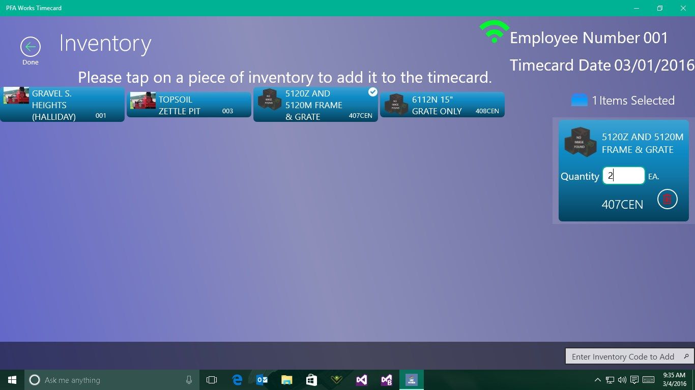 Easily add inventory items to a timecard