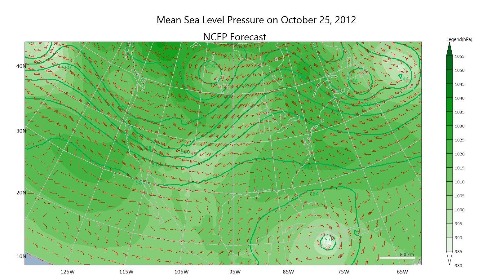 MeteoExplorer Touch shows sea level pressure, 500hPa height, and wind on October 25, 2012, when hurricane Sandy reached its climax.