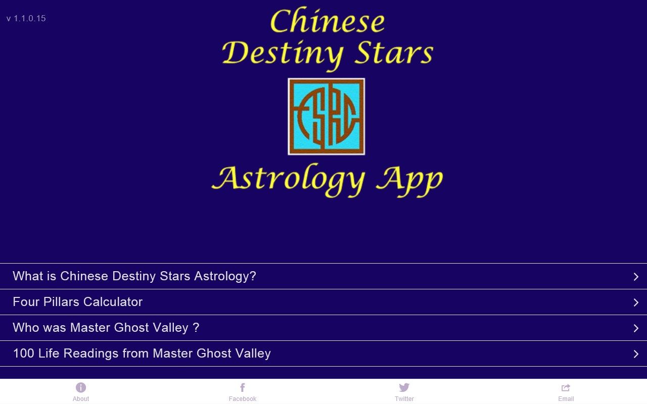 When you open the app you get a menu of 4 options. Chinese Destiny Stars Astrology is being brought to a new audience.
