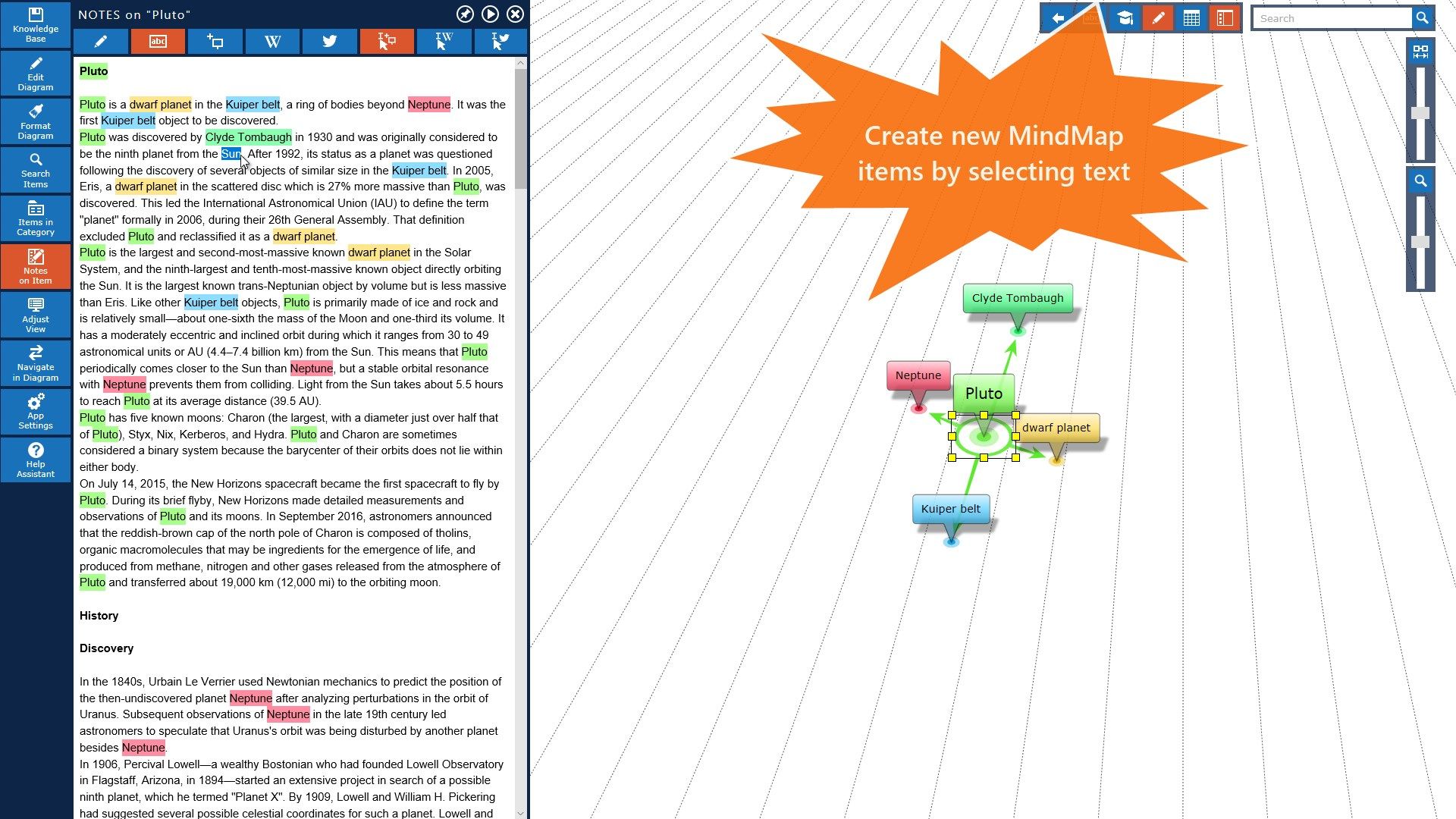 Create new Mind Map items by selecting text