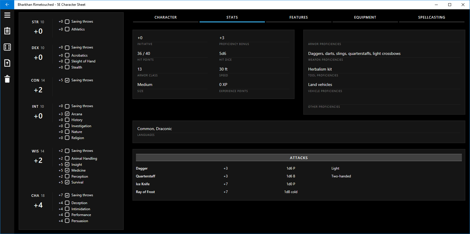 On the Stats page you can see your character's initiative bonus, hit points, proficiencies, languages, and attacks.