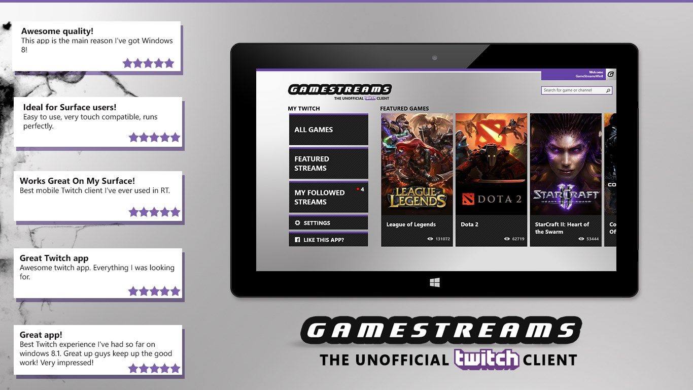 GameStreams the best rated unofficial Twitch.tv player app