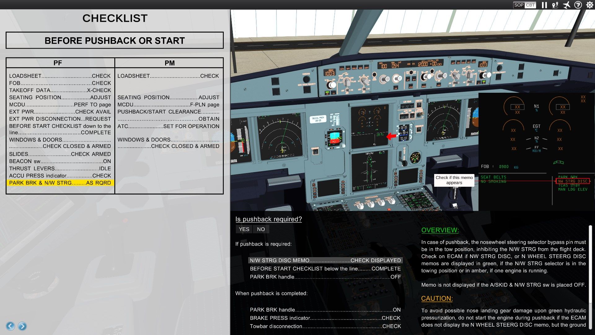 Cockpit SOP: Pilot Flying executing the Before Pushback or Start checklist