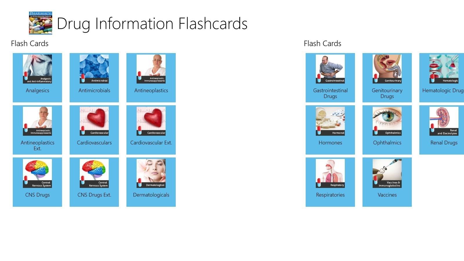 Menu sections of the flash cards