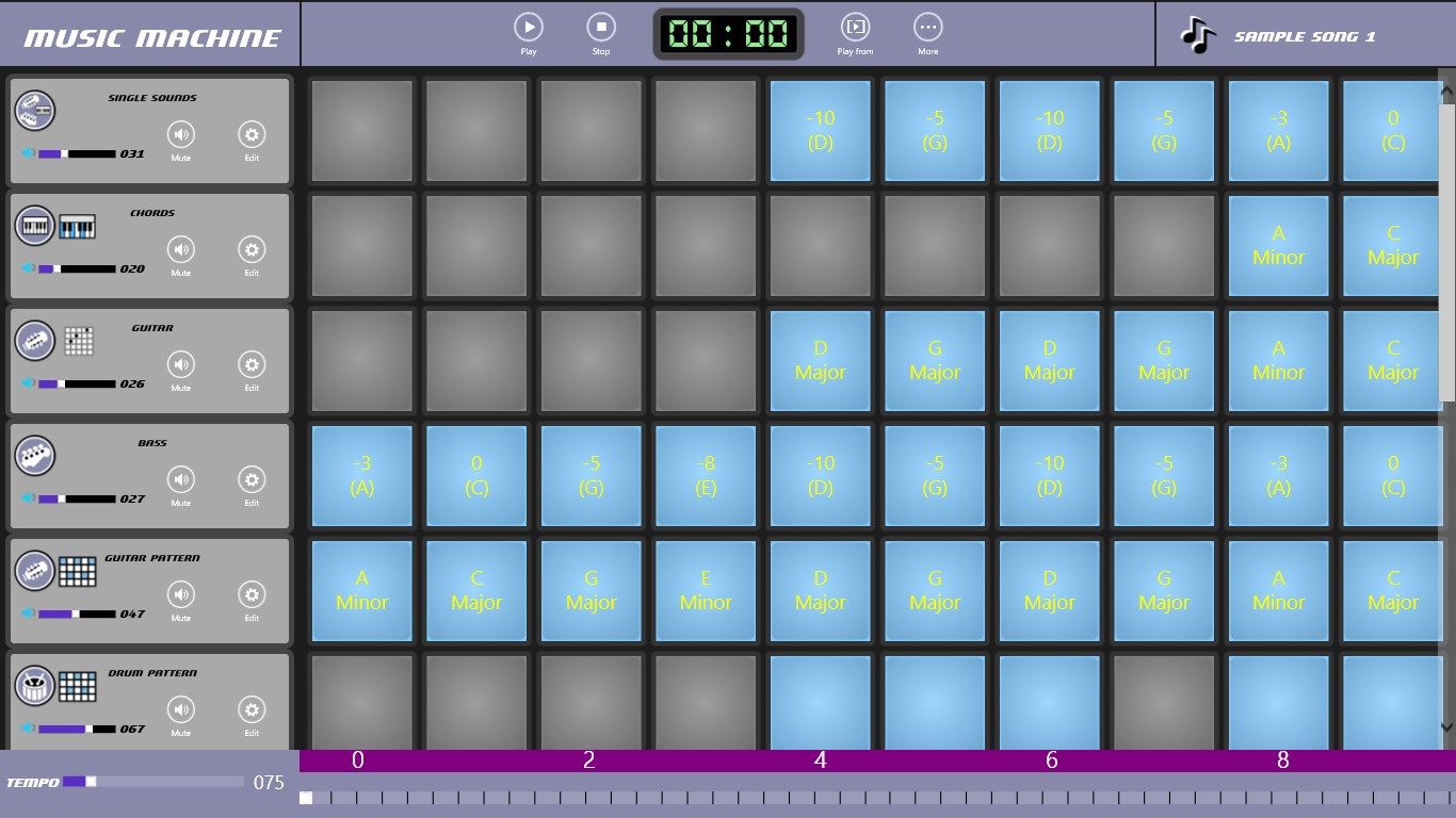 Easily create songs by creating track patterns and turning measures on and off.