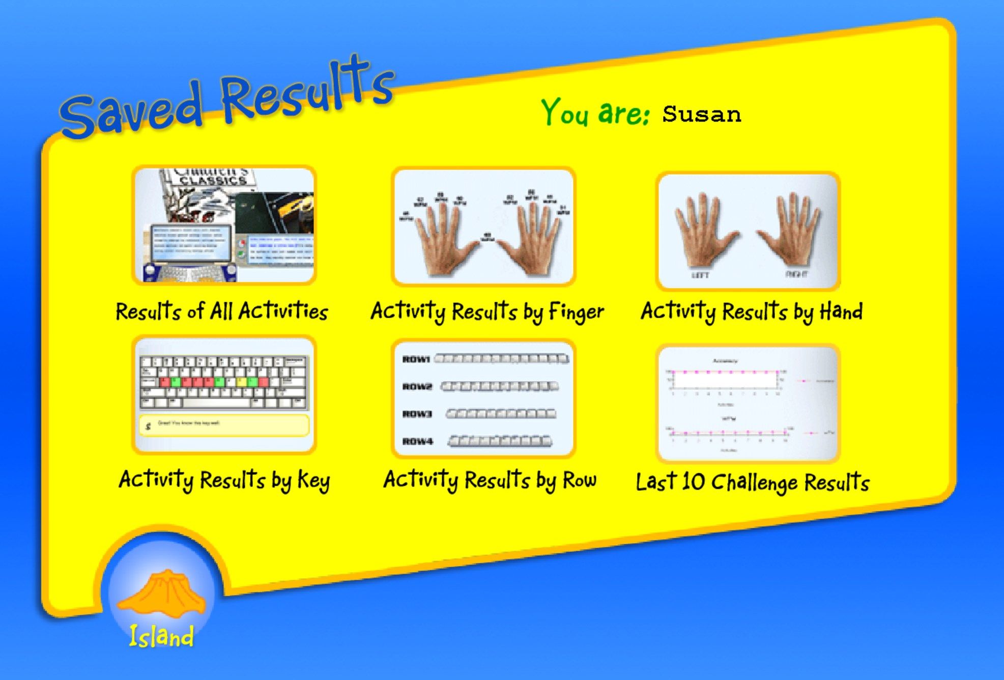 Kids can display a variety of graphs in the Saved Results area to see their performance on all their typing activities; lessons, challenges, stories and even games.