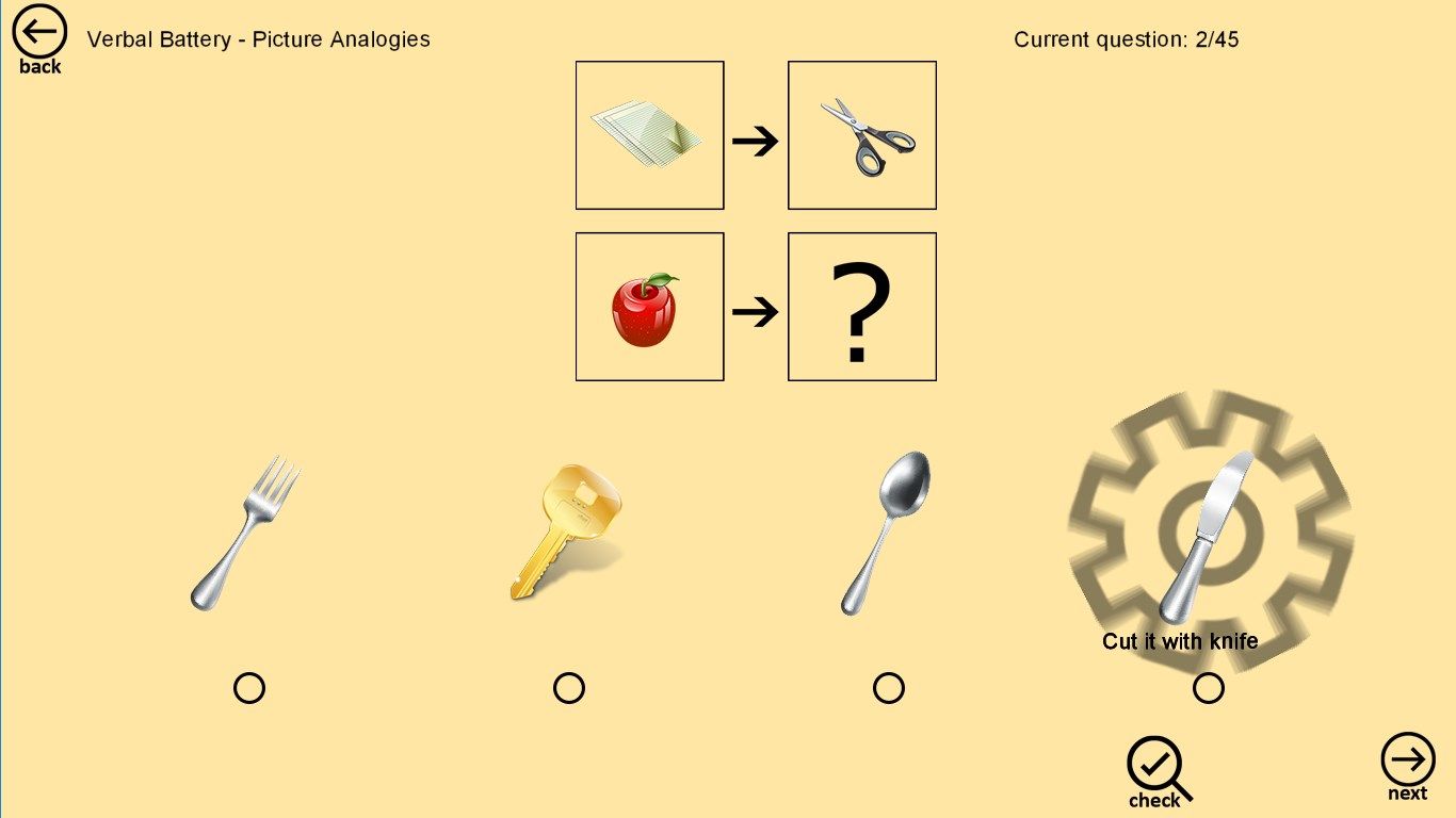 Practice picture analogies - tap 'check' to see correct answer and hint why that is the correct answer
