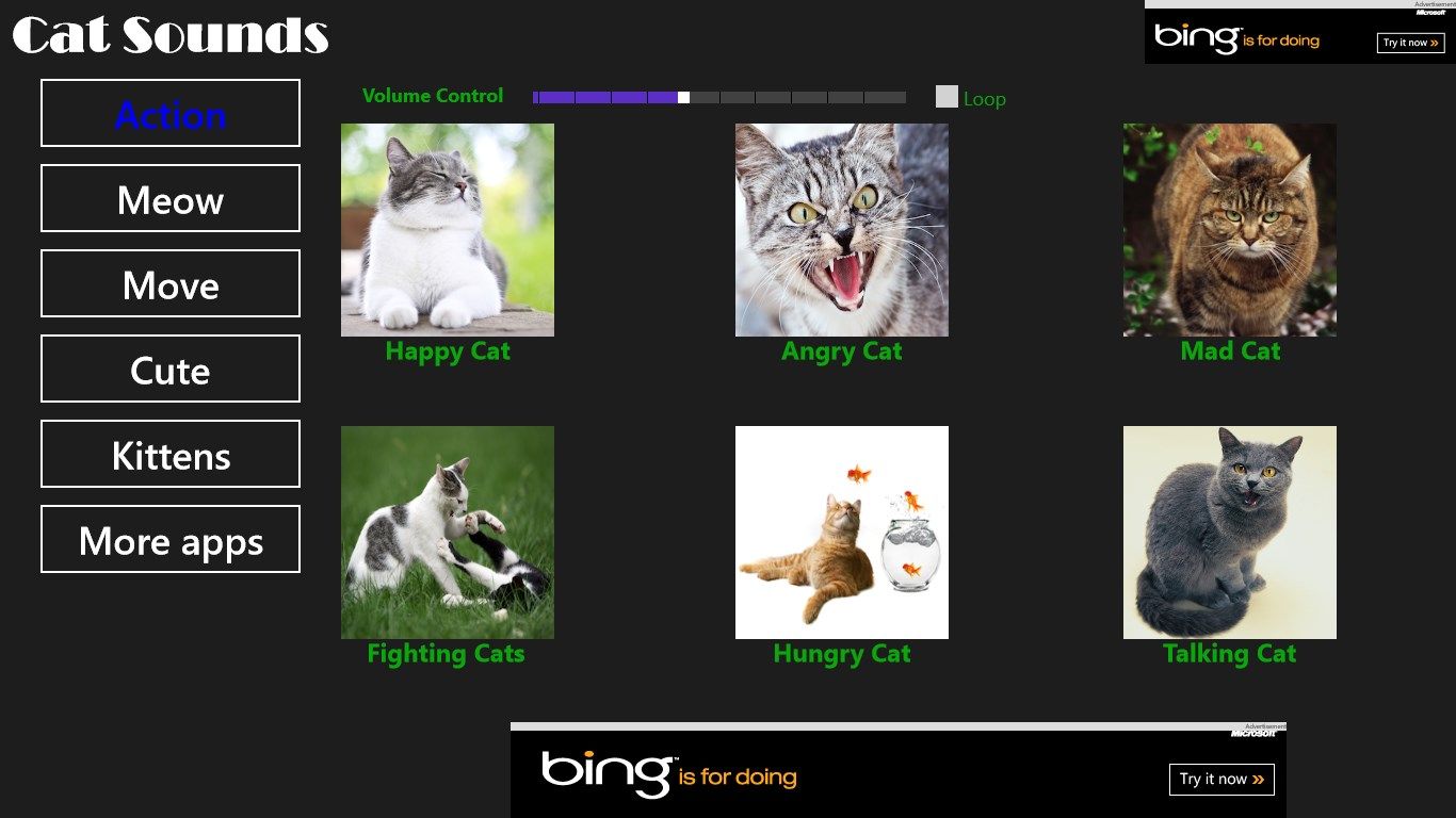 Cat Sounds for Happy Cat, Angry Cat, Mad Cat, Fighting Cats, Hungry Cat and Talking Cat.