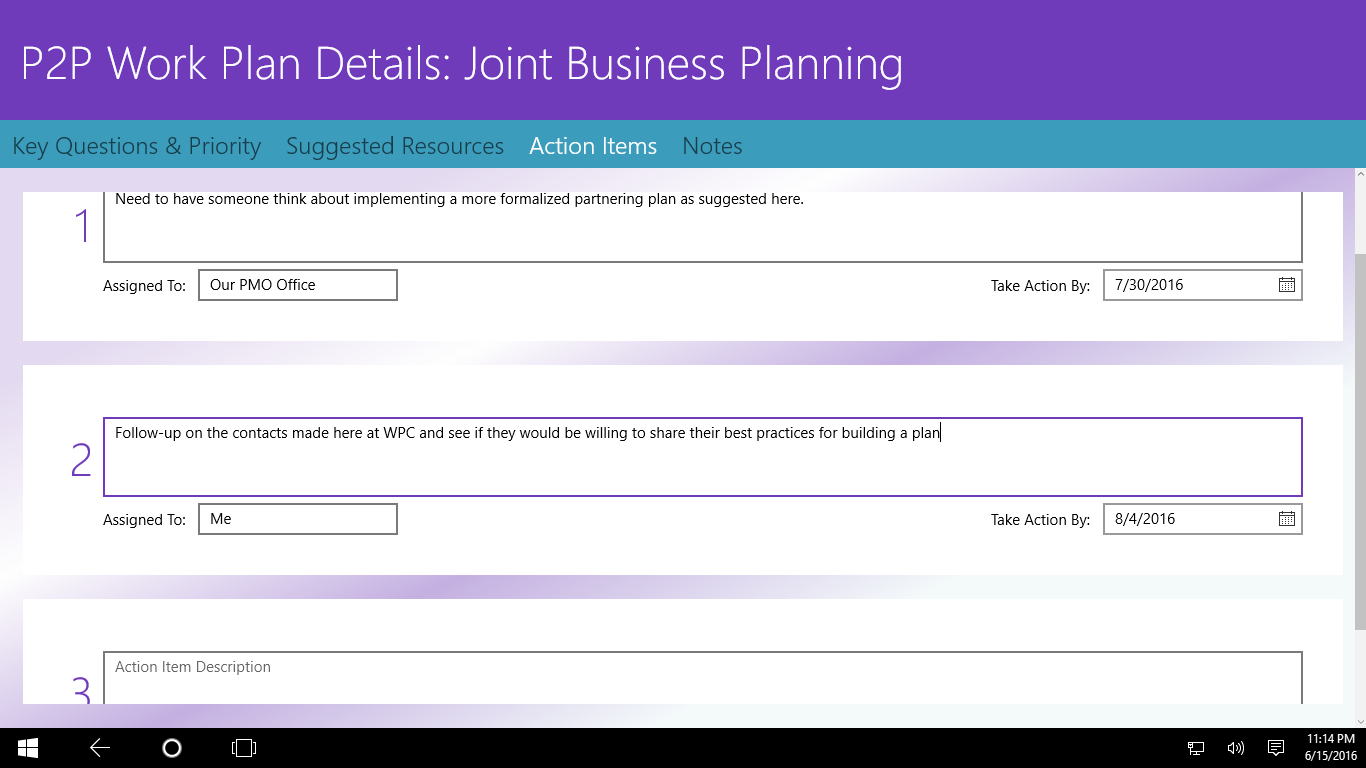 Enter up to 3 action items for each business function