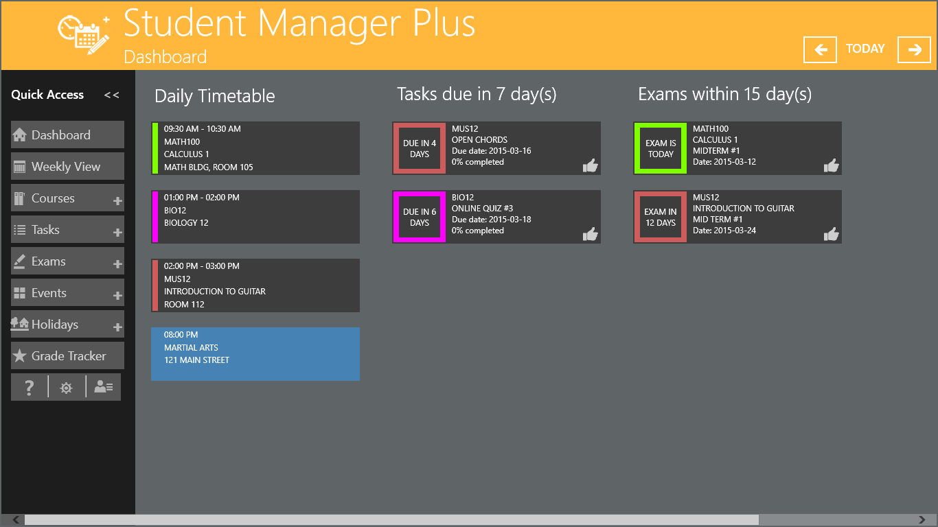 Student Manager Daily Dashboard showing courses,  events, tasks due and upcoming exams