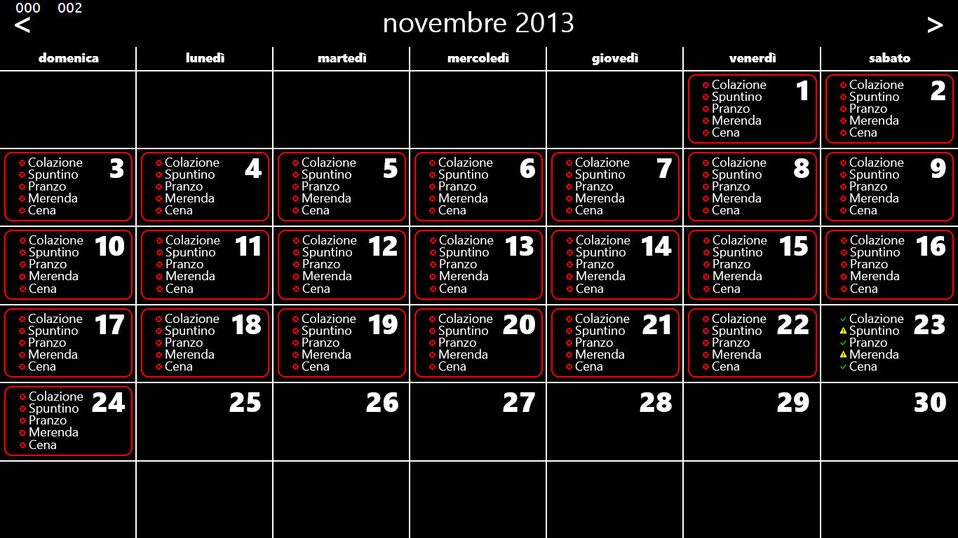 Calendario mensile con visualizzazione della validità dei vari giorni e dei vari pasti