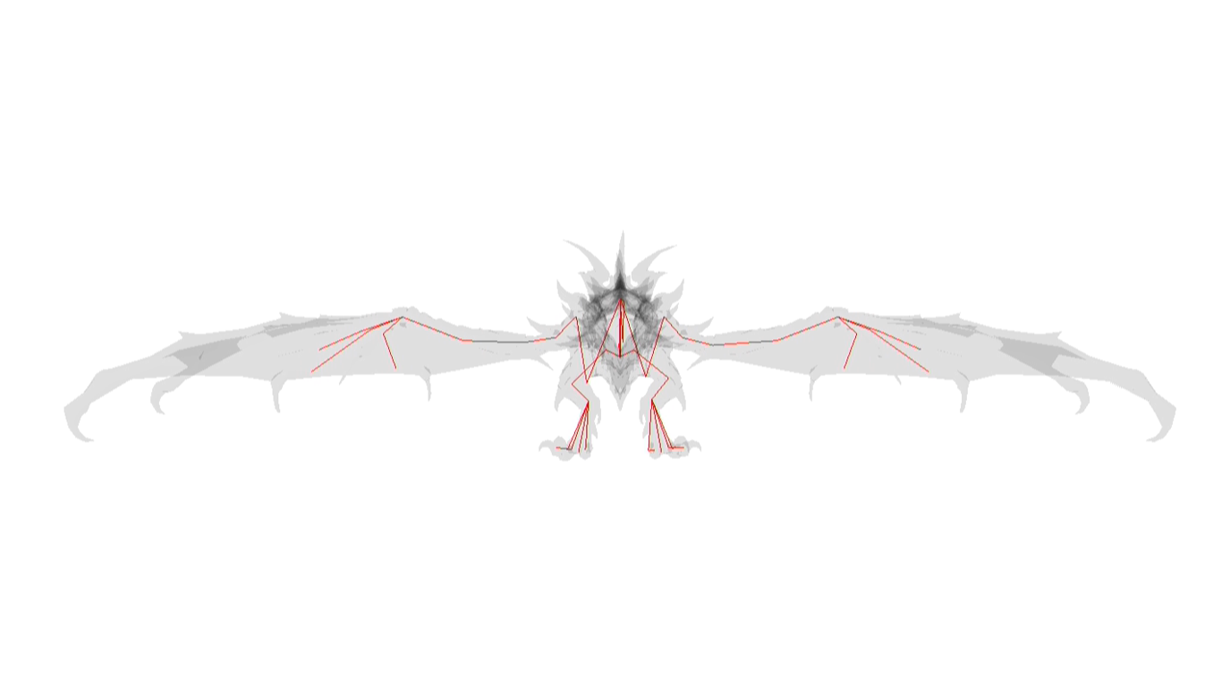 Front view of a dragon skeleton automatically rigged to a dragon mesh using RigIT.