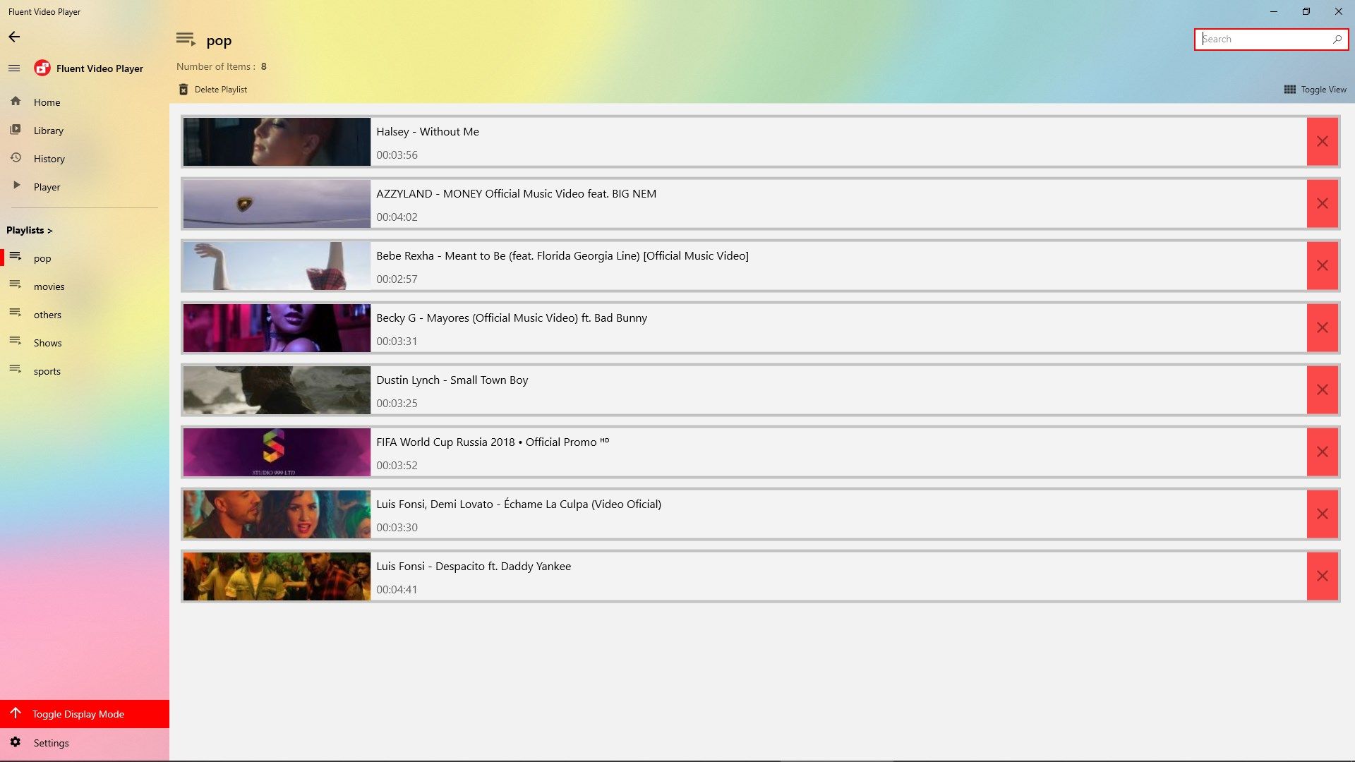 Playlist showing videos in List View Mode.