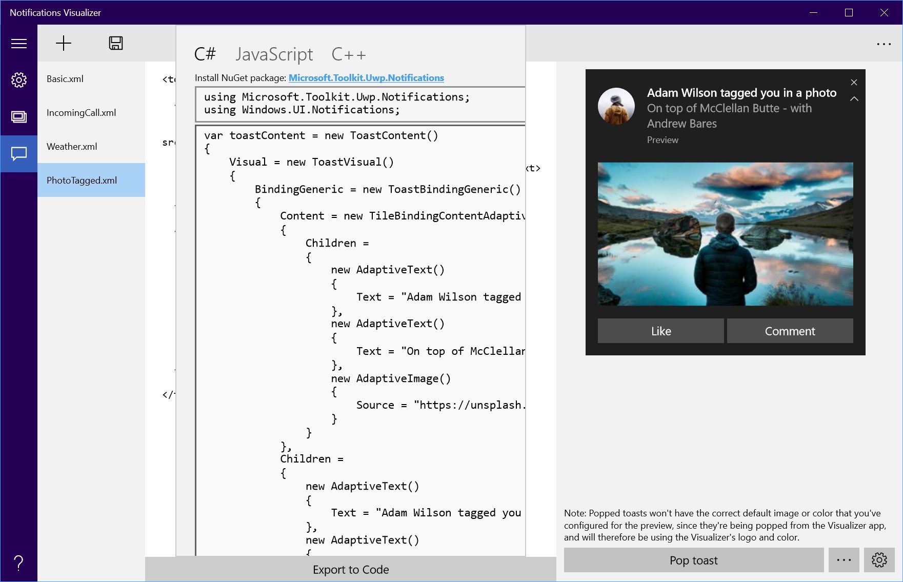 Export to instantly-usable C# code!