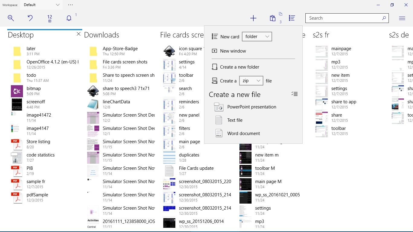 New items panel - create new files, folders, archives