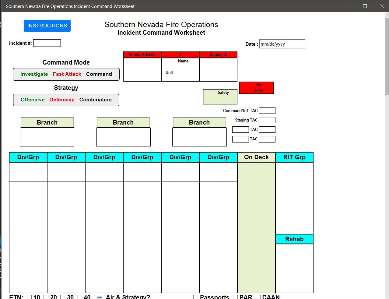 Southern Nevada Fire Operations Incident Command Worksheet