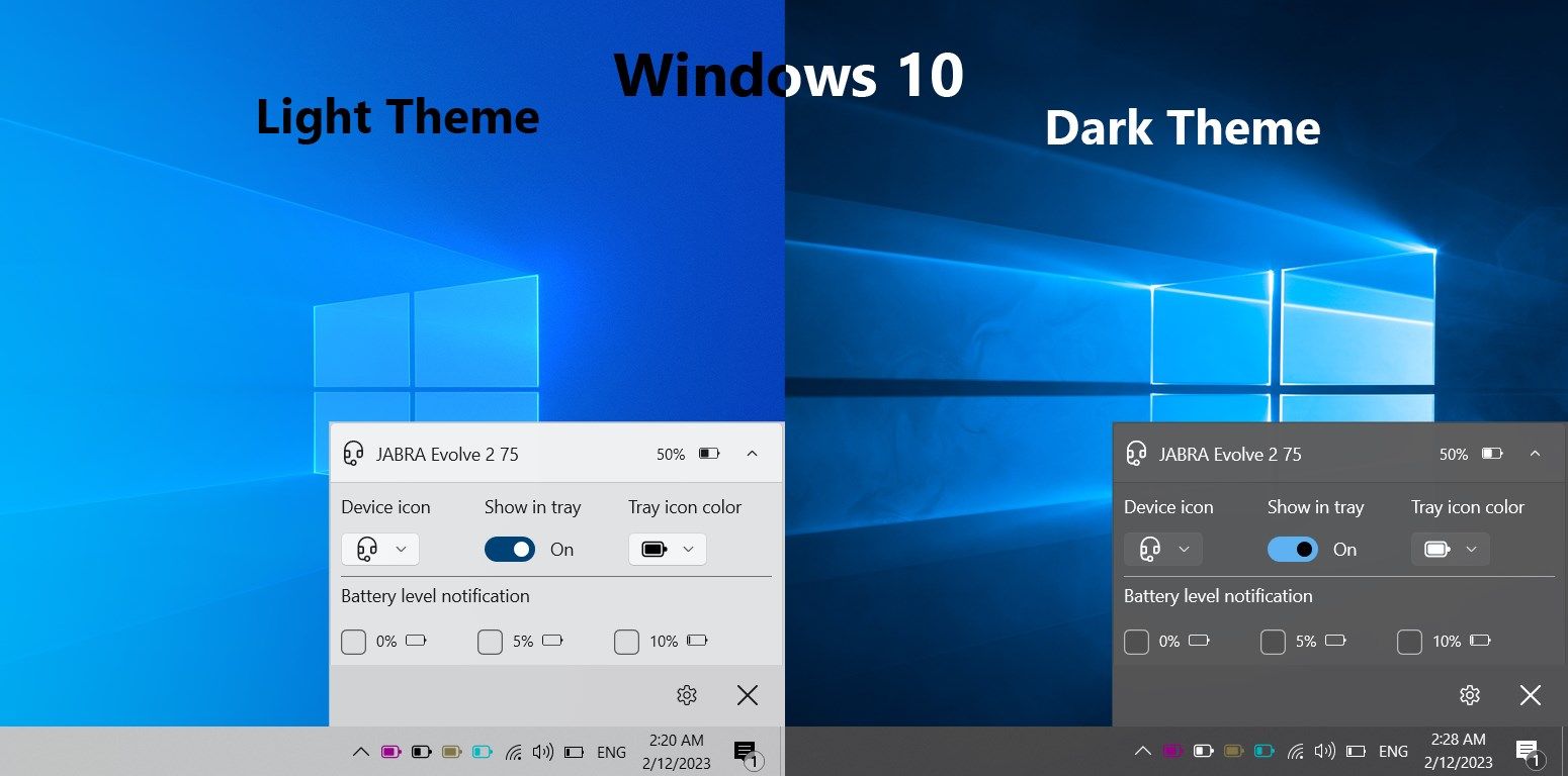 Windows 10 device configuration screen (device icon and tray icon options) with low resolution and DPI
