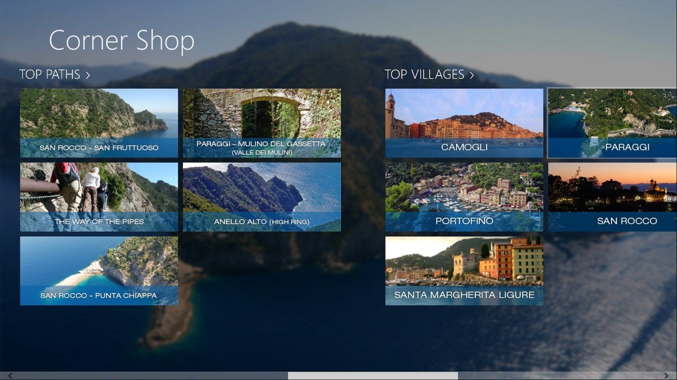 Start screen of the application, presentation of featured elements in each category: Paths and Villages