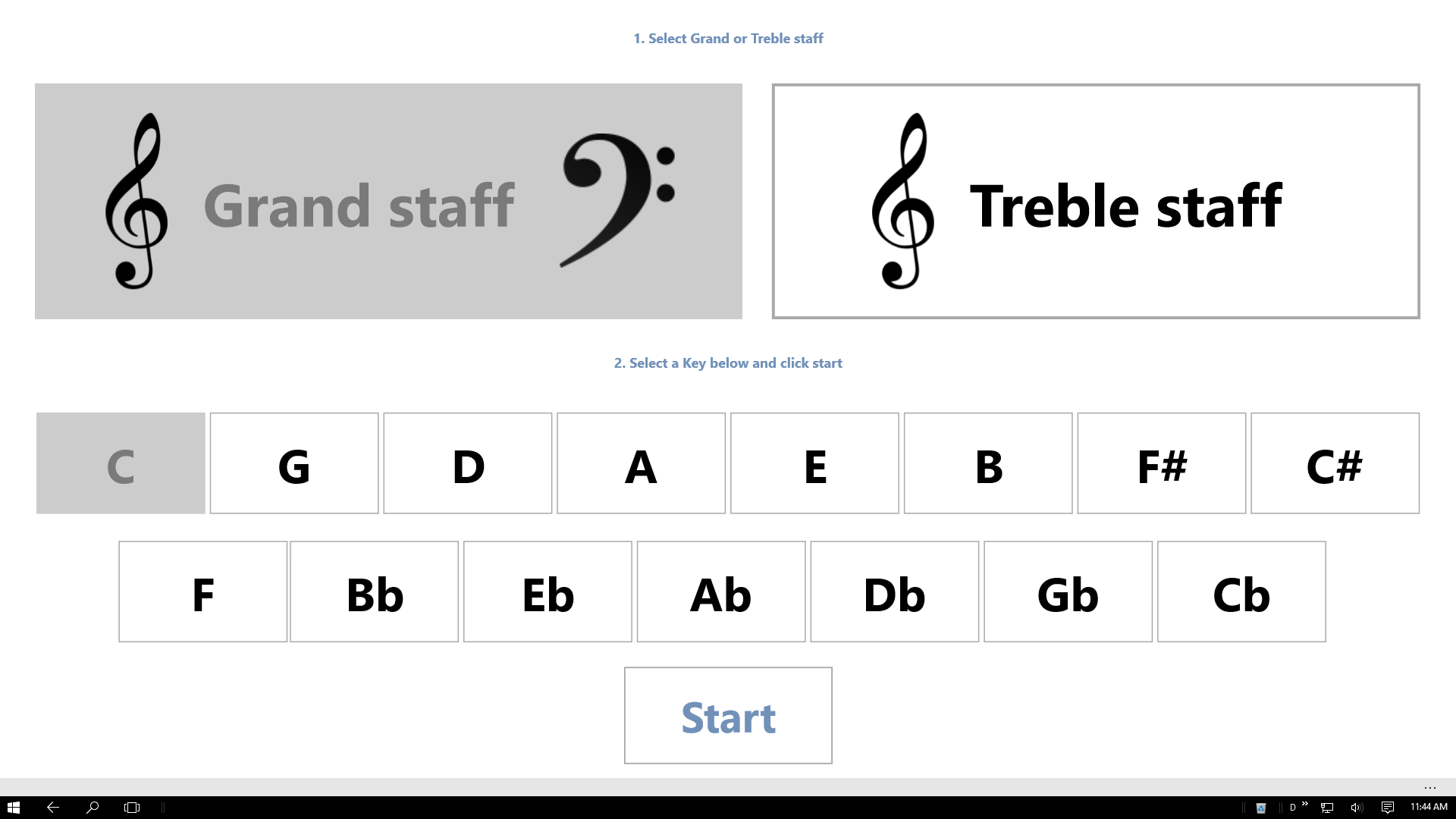 Choose from 15 different key signatures, grand staff of treble clef.