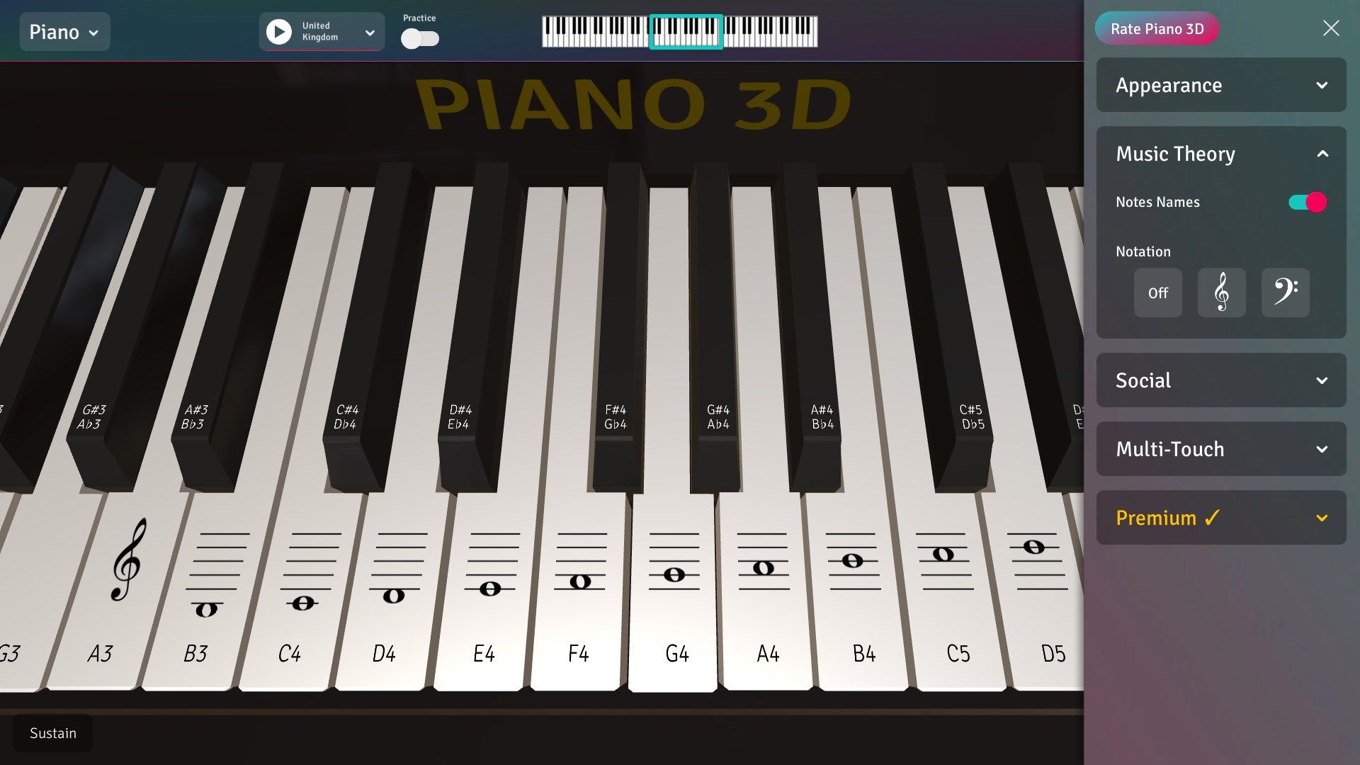 You can also learon music theory with Piano 3D.