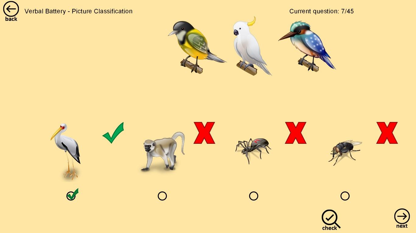 Practice picture classification - "The animals on top are similar in some way. Which one from bottom matches them also?". Tap 'next' to see correct answer and advance to next question.