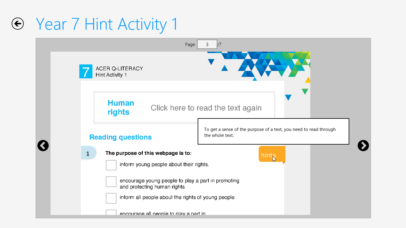 Interactive activities can show hints to students as they complete activities