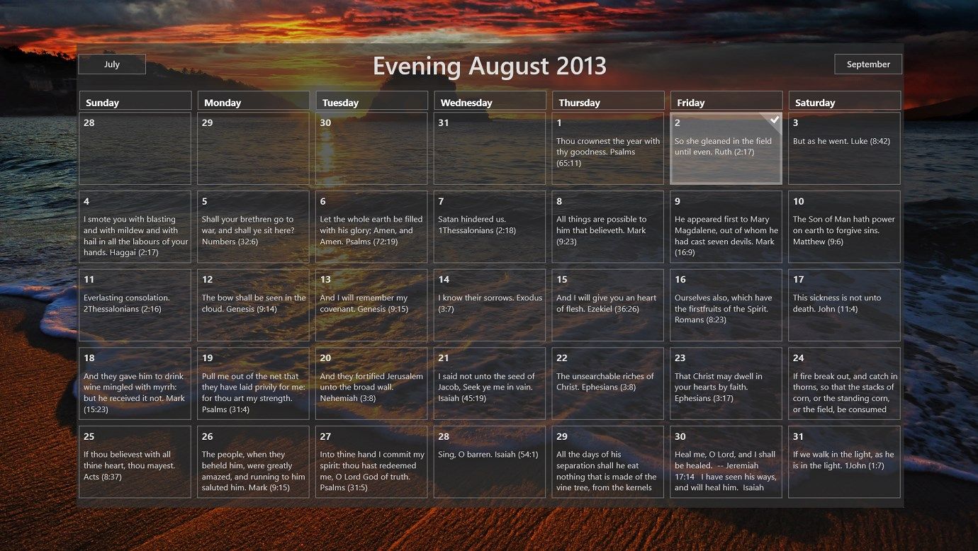 Month screen with the scripture shown for each day for browsing