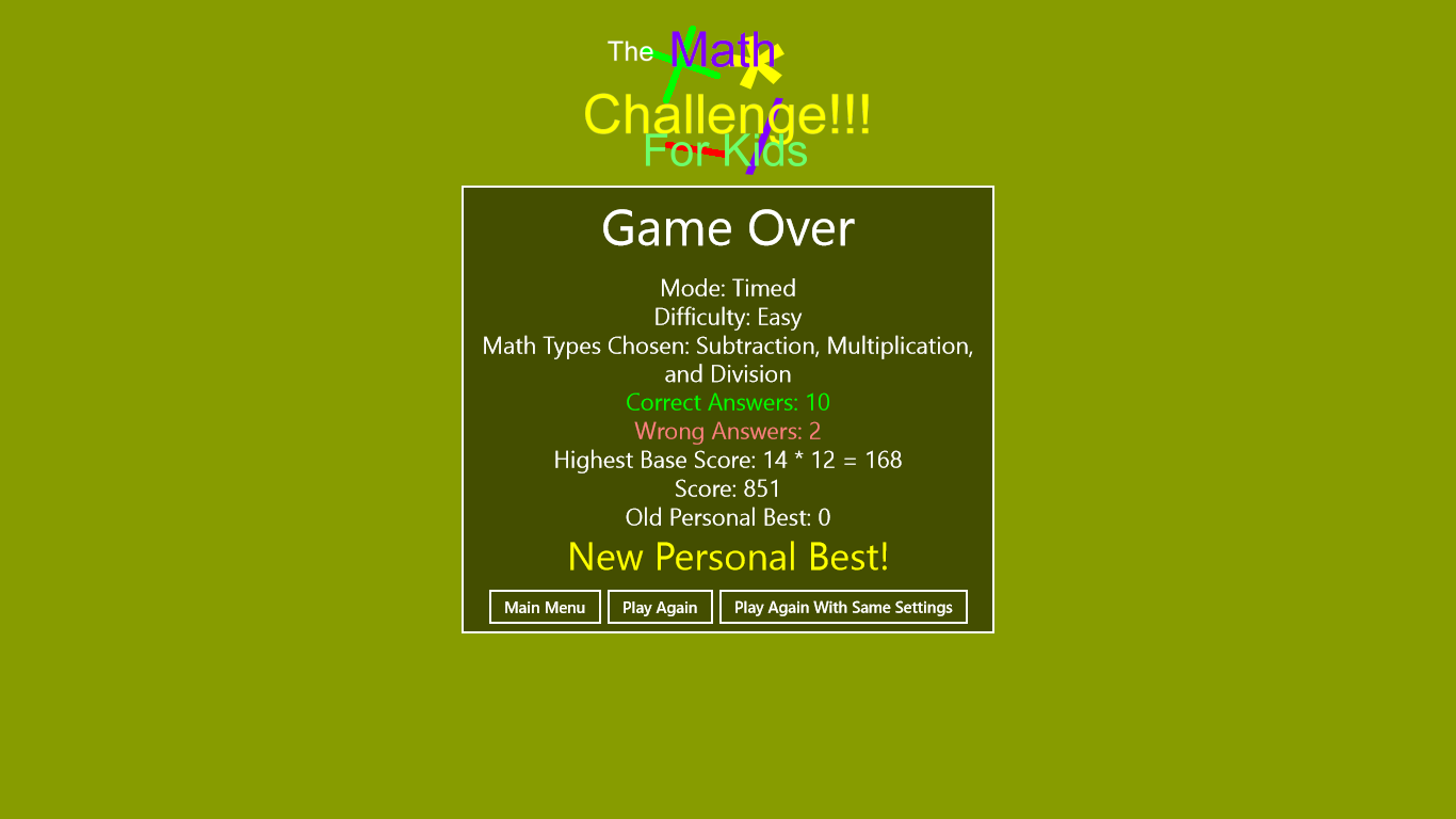 A game over screen that will show a New Personal best! Label if he beats his old one