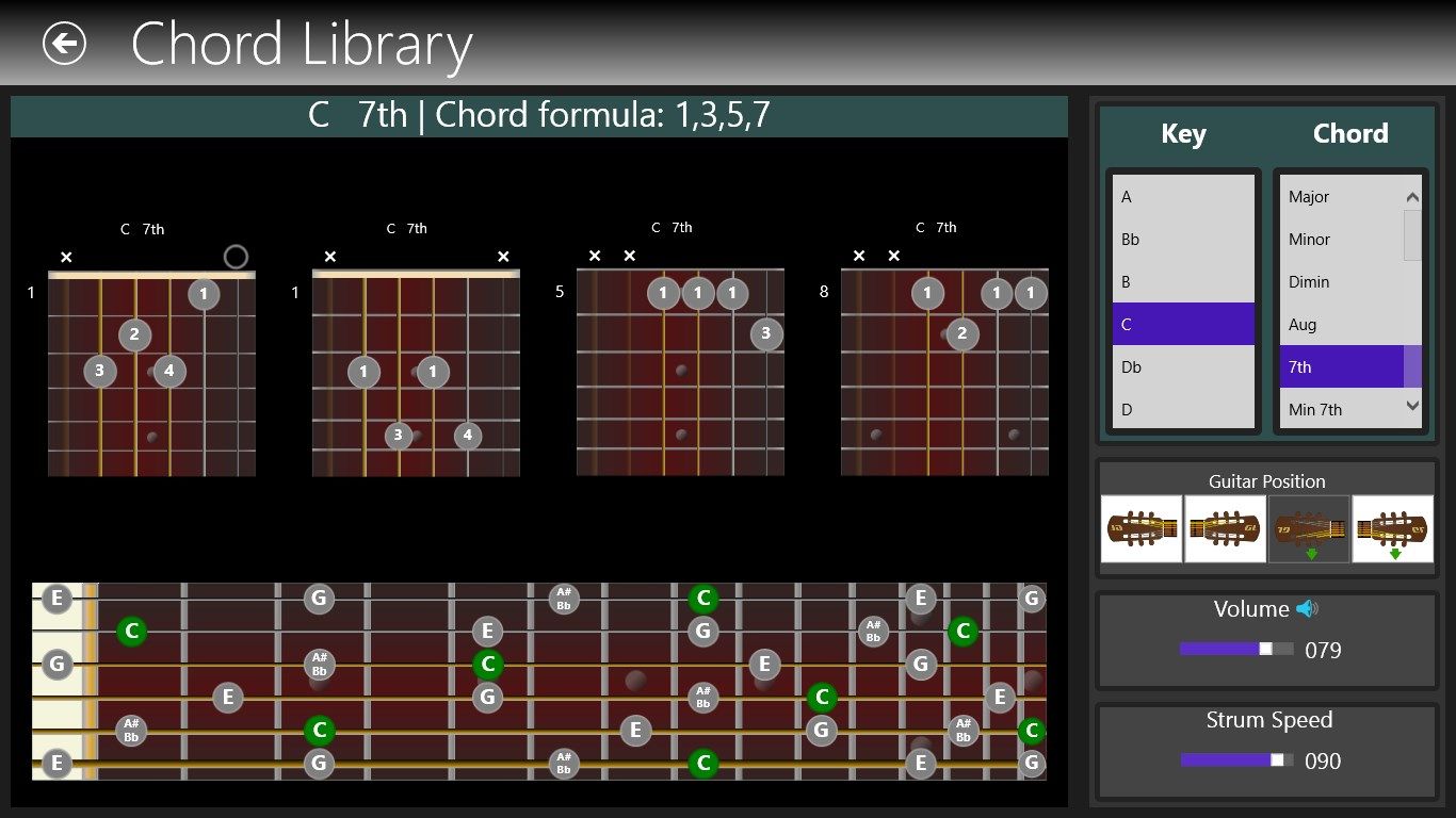 Choose and hear any of the 35 different chord types each with 4 different fretboard positions