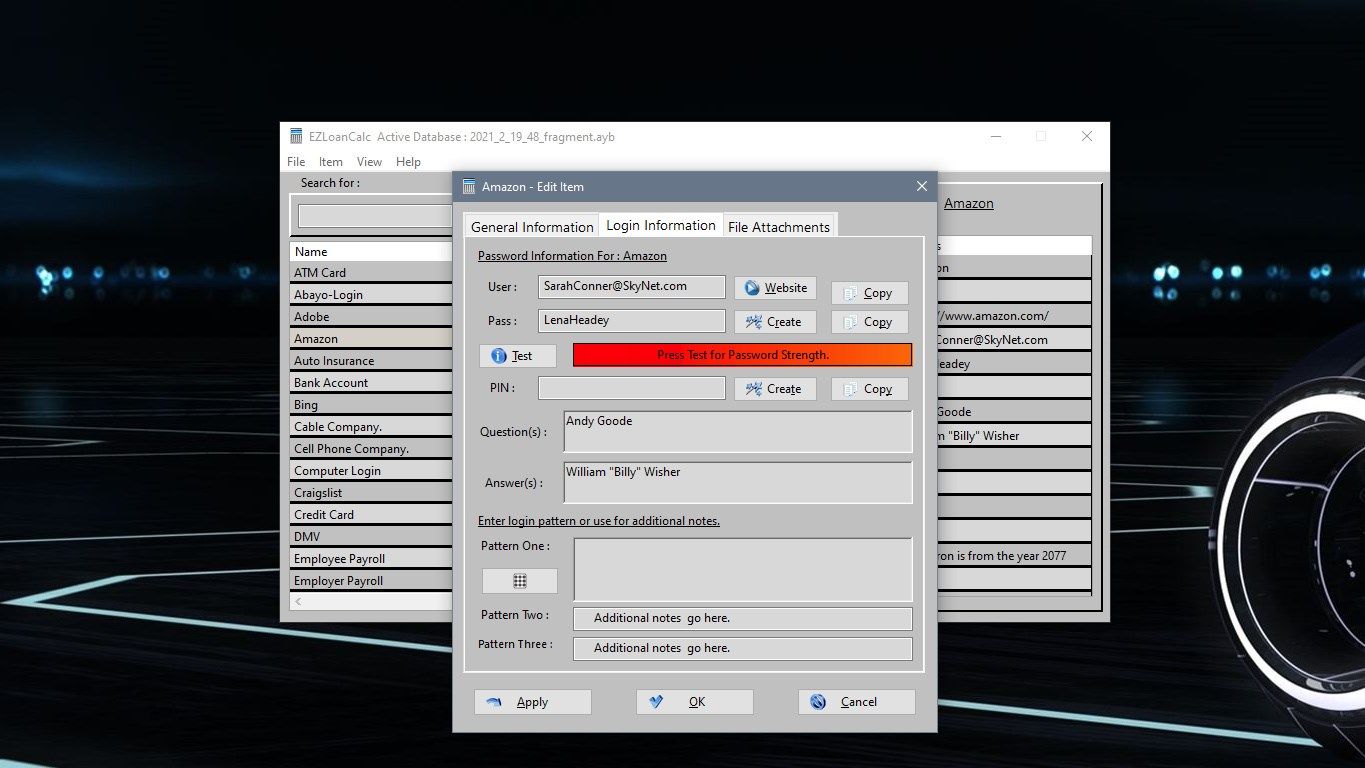 Item Customization - I like to have everything in front of me, I hate having to open multiple files and applications. Here you can store the usual website verification things like User, Pass, Pin, Question, Answer plus - contact information, notes and links. Copy and Paste the URL for the website and in the future, you just need to click on the entry and the browser will open! I allow for a huge Notes on the Login Information tab.