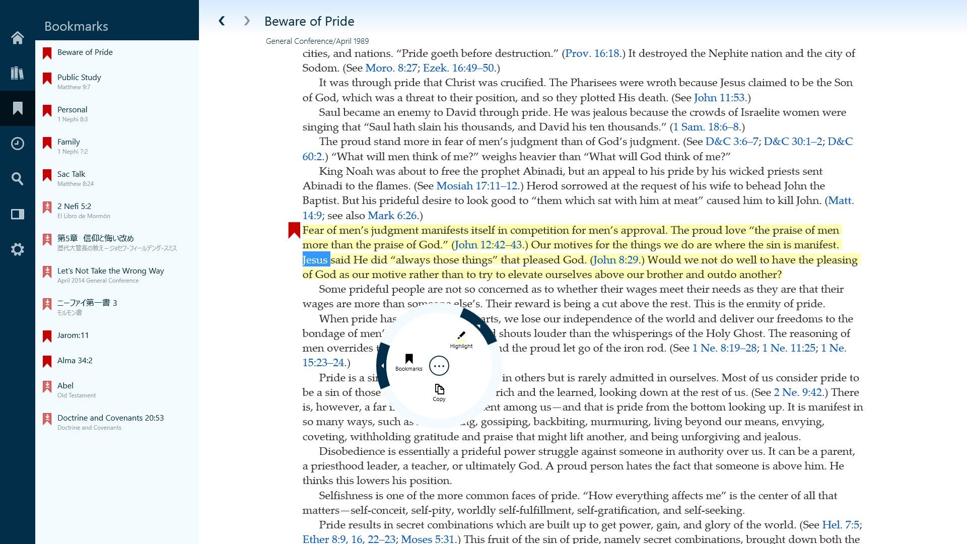 Bookmarks, highlighting, copying to clipboard at your fingertips.