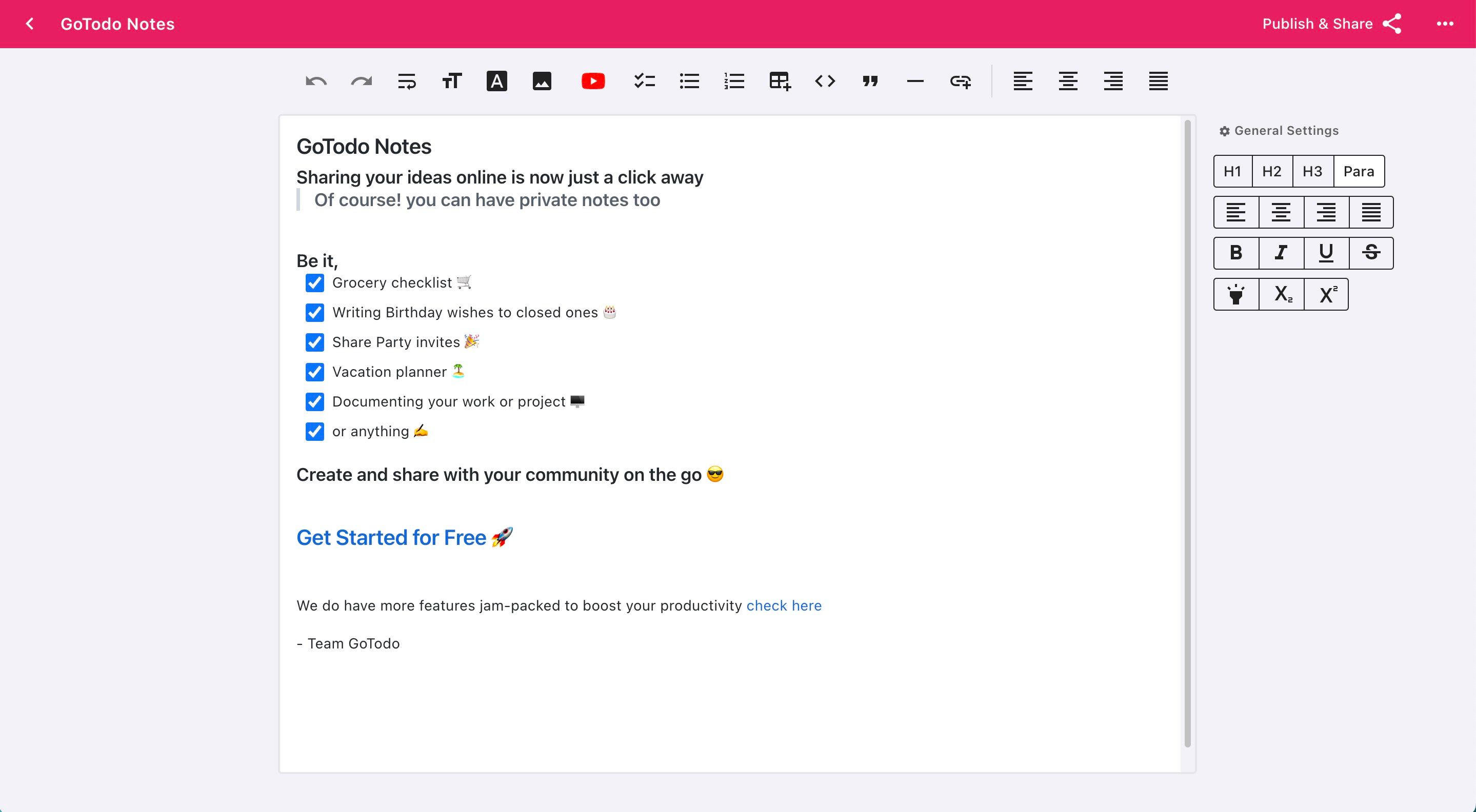 Sharing your notes with public link is now just a click away.