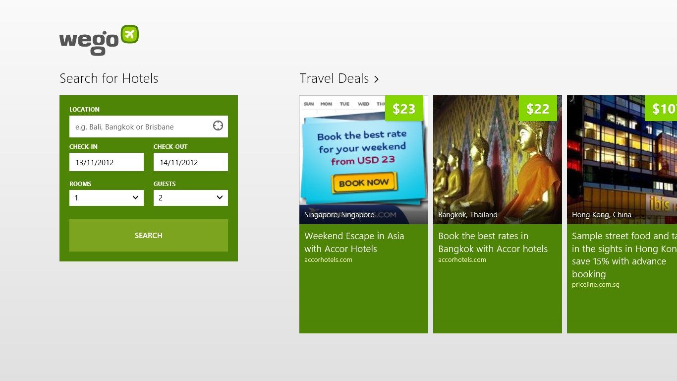 Home, with Hotels search form and Deals