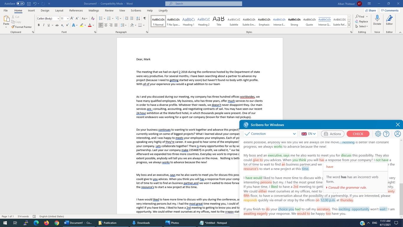 Correction of a document on Microsoft Word