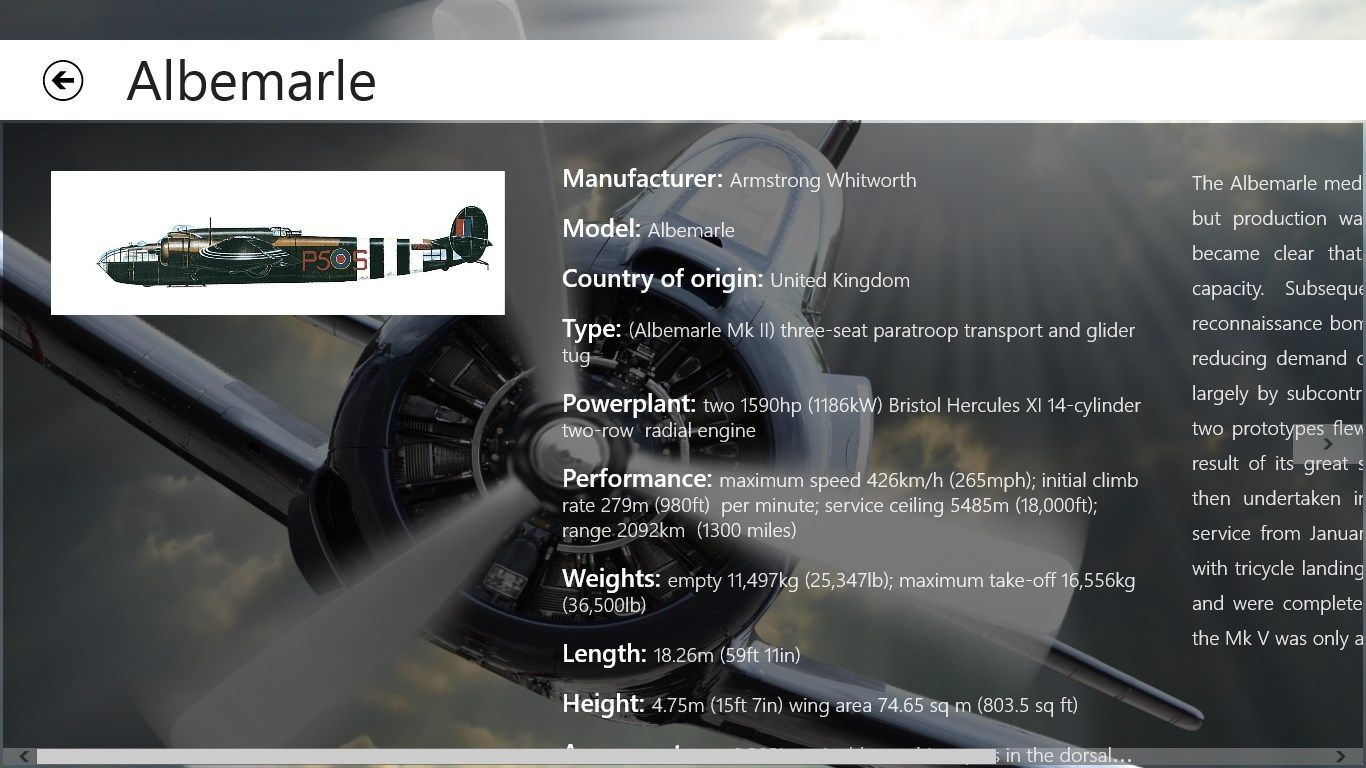 Full dimensions, weights, armament and powerplant details provided for each aircraft, all measurements in imperial and metric