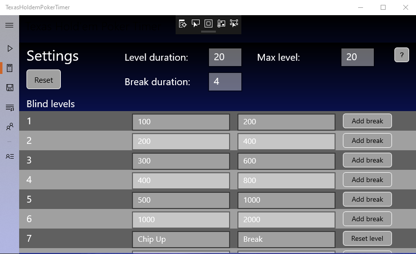 Blinds screen set up amounts and times, add a break. Or reset to default