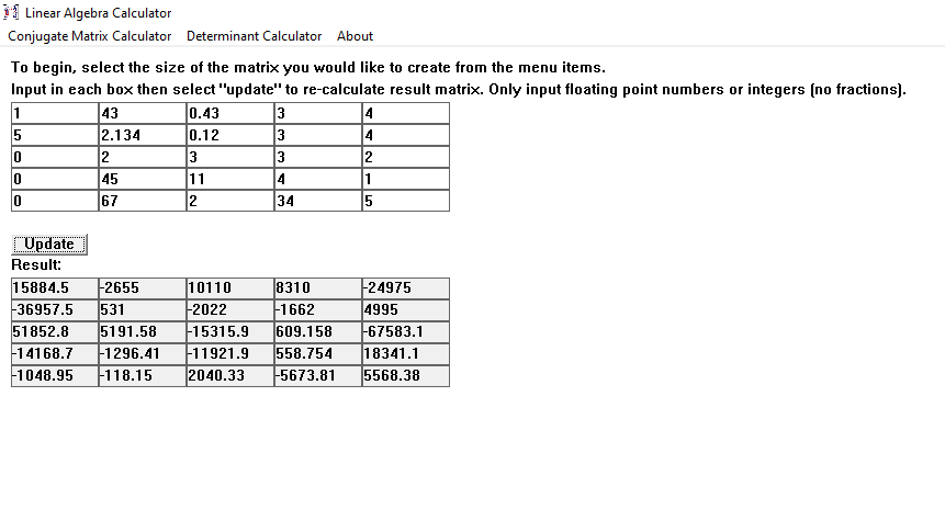 Example 5x5 Conjugate Matrix Calculation