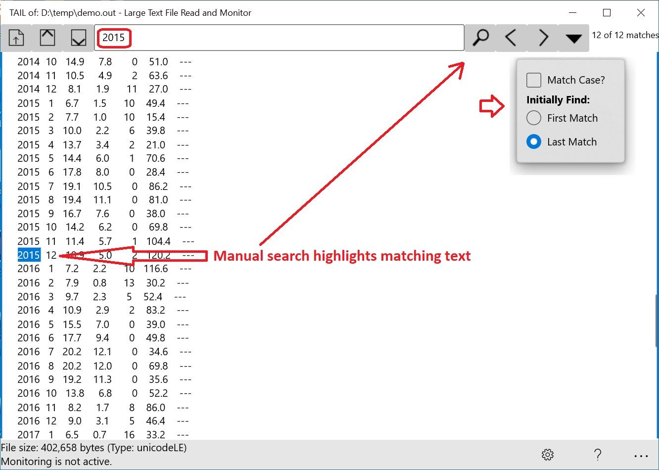 User may manually search (including next/previous buttons) for text within the head/tail of the file.