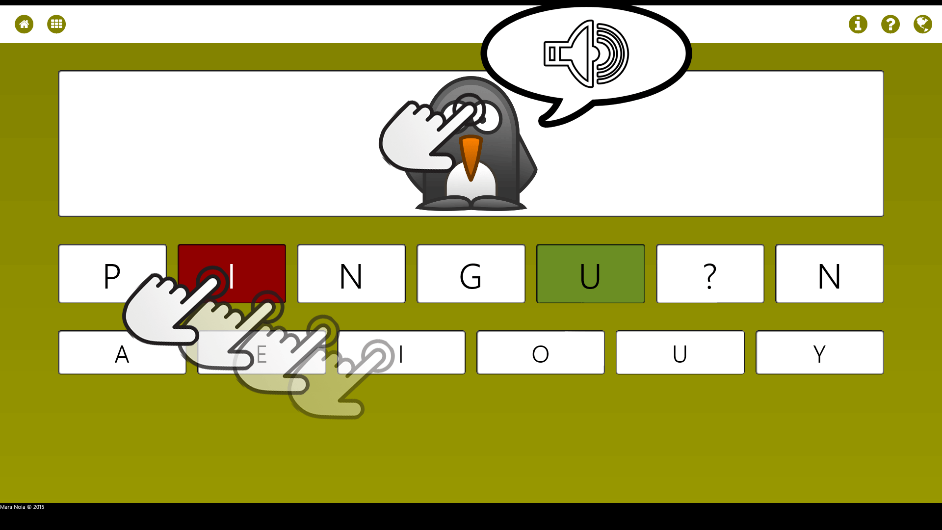 In Pictura Spelling drag the correct vowel to the correct place to form the word. If you need help you can tap the image to get the right word read aloud.