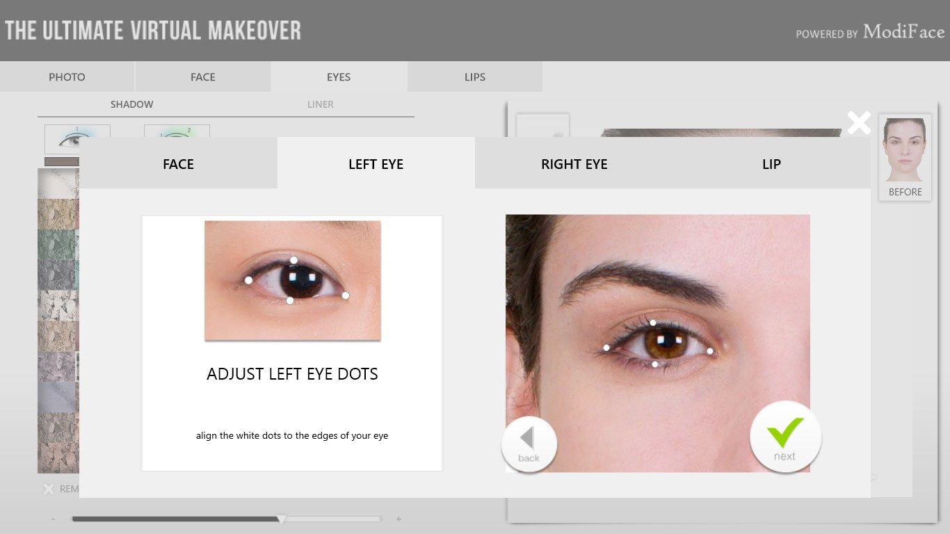 Makeover app will auto-detect your face and facial features when you upload your own photos, but feel free to adjust calibration points for a better result!