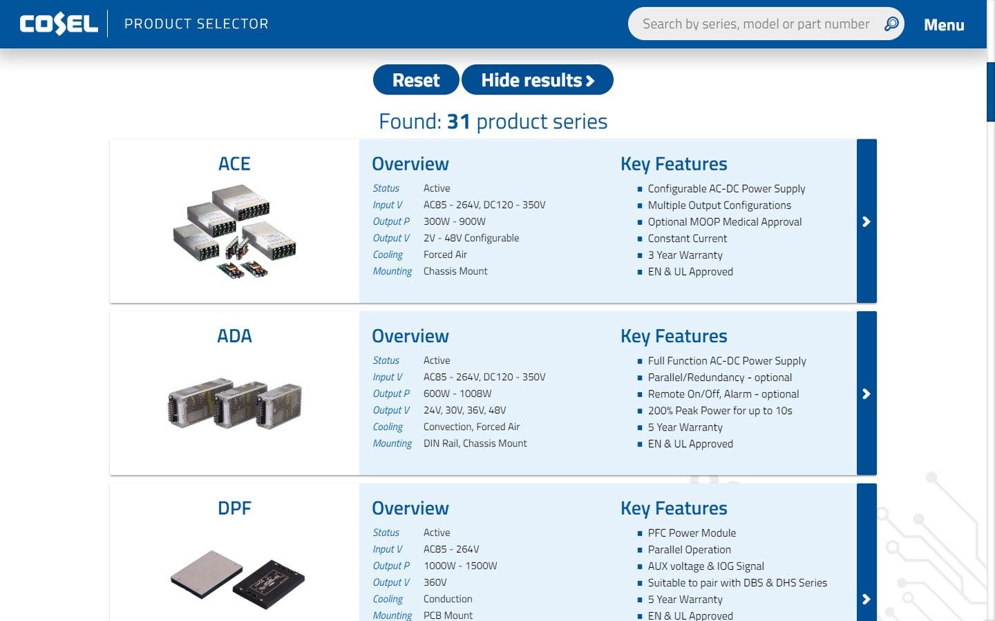 Cosel Product Selector