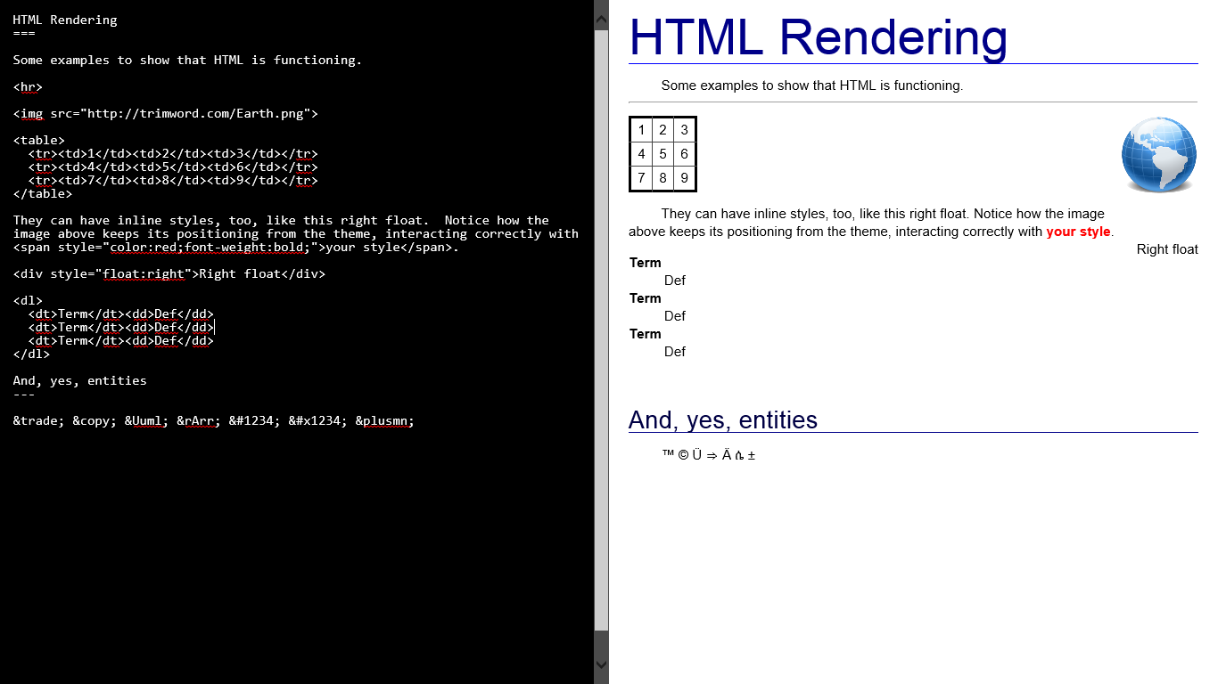 Showing custom HTML and inline styling.  This screenshot was rendered with the "Modern Clean" theme, and some custom code.