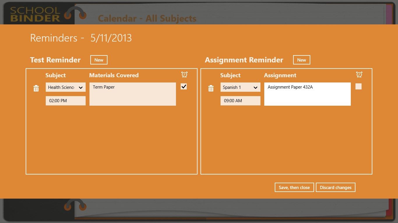 Manage reminders for tests and assignments.