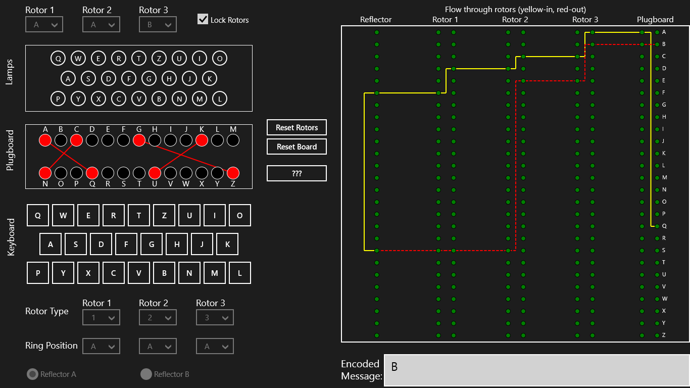 Plugboard settings and a diagram of how the character traved through the Enigma machine.