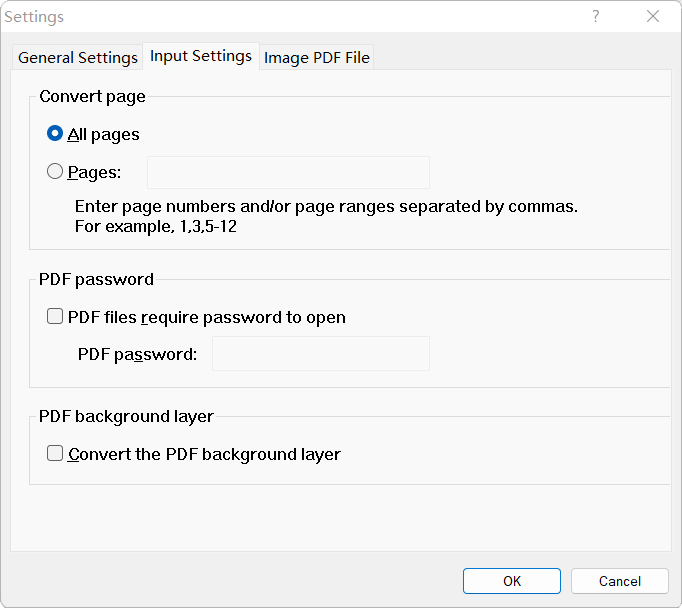 PDF pages and other settings